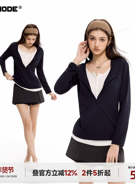 ICH MODE【1/4 官方叠加2件5折起】美式假两件长袖T恤女春季上衣