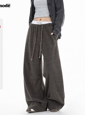 ICH MODE 美式复古加绒裤子休闲裤女加厚卫裤直筒阔腿运动裤卫裤