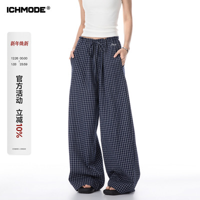 ICH MODE 美式蓝色格子裤女夏季宽松阔腿裤直筒运动格纹休闲裤子