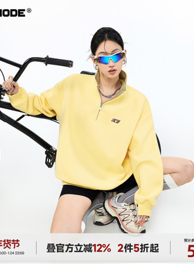 ICH MODE【1/4 官方叠加2件5折起】美式撞格子色半开领卫衣女春季