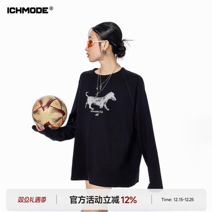ICH MODE 美式腊肠狗印花长袖T恤女春季复古宽松休闲简约百搭上衣