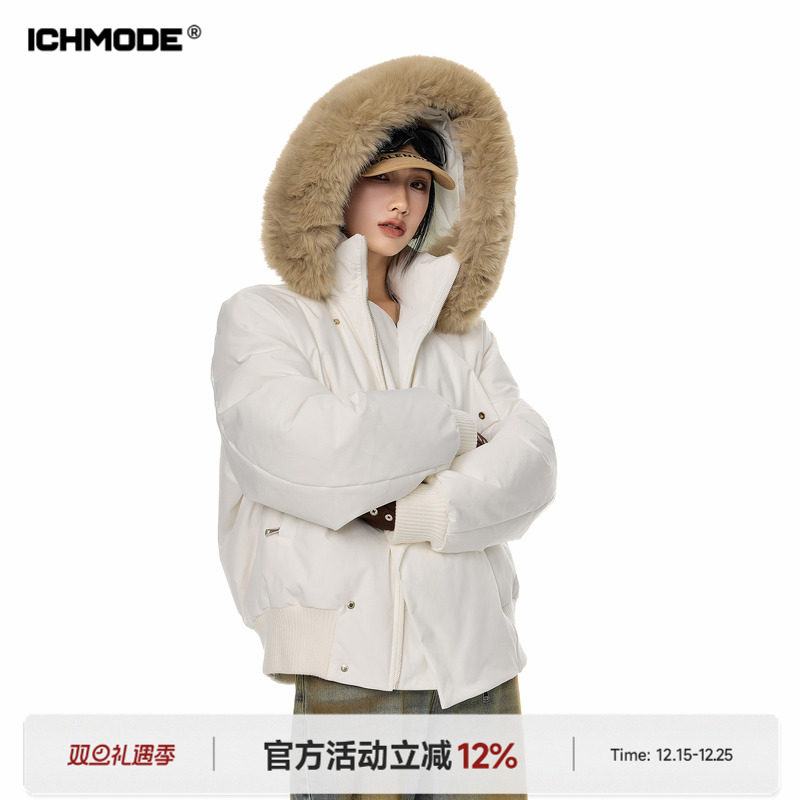 ICH MODE 美式短款毛领棉衣棉服女新款冬季连帽保暖棉袄加厚外套