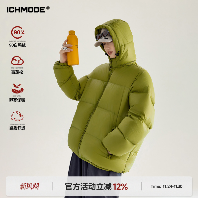 ICH MODE 美式90白鸭绒连帽羽绒服女冬季复古保暖加厚面包服外套