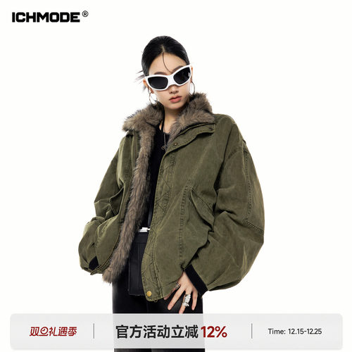 ICHMODE 美式复古水洗座山雕棉服女冬季毛领加厚保暖工装棉衣外套