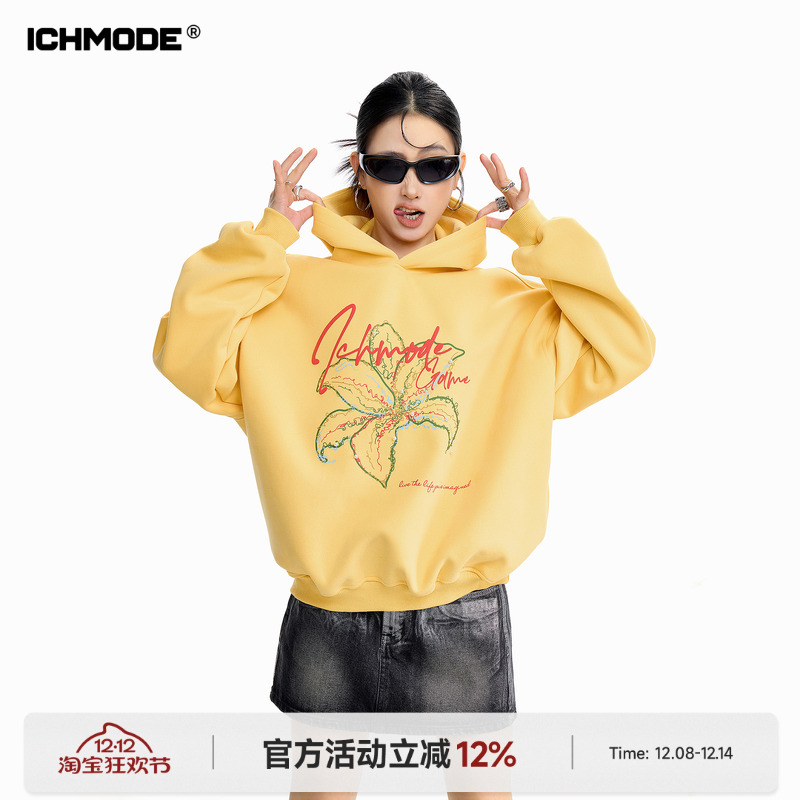 美式连帽卫衣女复古花卉上衣