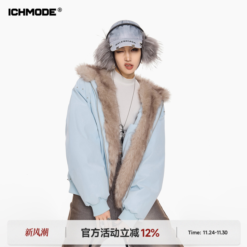 ICH MODE 美式复古耳朵座山雕毛领棉服女秋冬季夹棉连帽棉衣外套