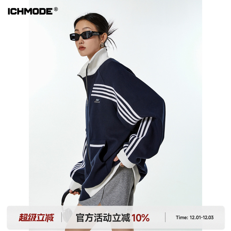 条纹立领运动休闲美式高街外套