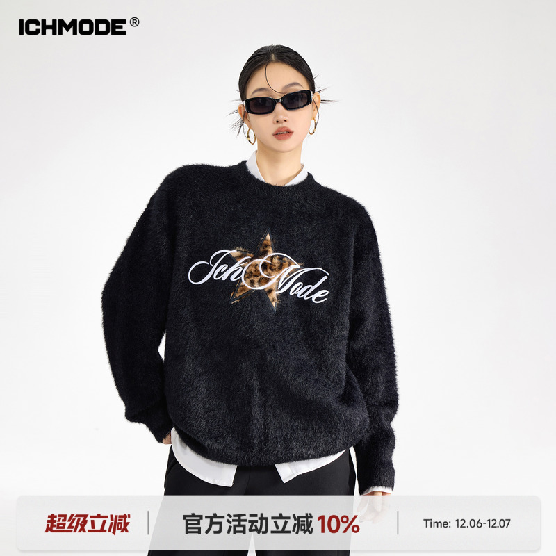 ICH MODE 美式马海毛豹纹刺绣毛衣女冬季新款圆领针织衫毛衫外套