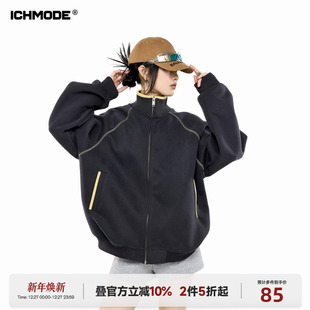 宽松开衫 ICHMODE 新款 哈苏线运动外套女2026春季 卫衣拉链上衣 美式