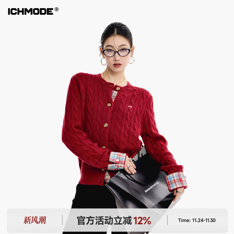 ICH MODE 美式修身麻花针织开衫女冬季新款慵懒松弛红色毛衣外套