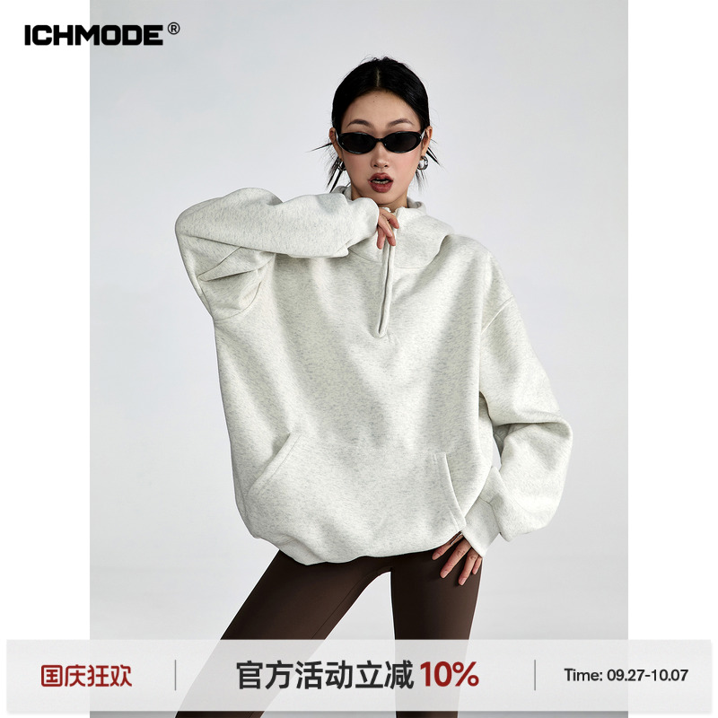 拉链半高领质感美式连帽卫衣