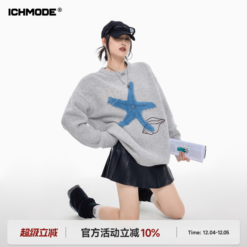 ICH MODE 美式复古海星圆领毛衣女冬季慵懒高级感长袖针织衫上衣