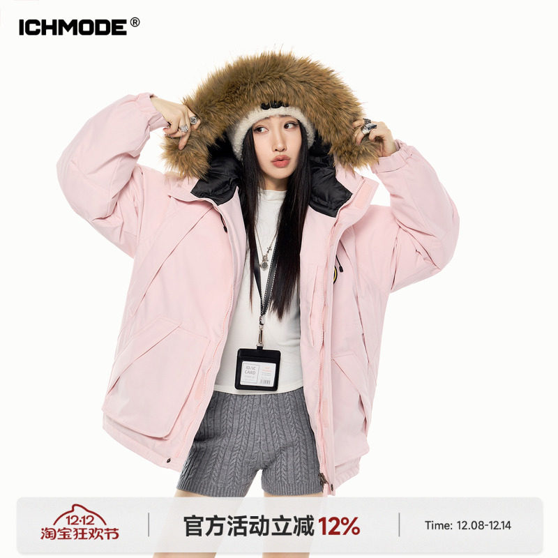 ICHMODE 美式复古毛领连帽棉服女冬季保暖加厚棉袄工装派克服外套