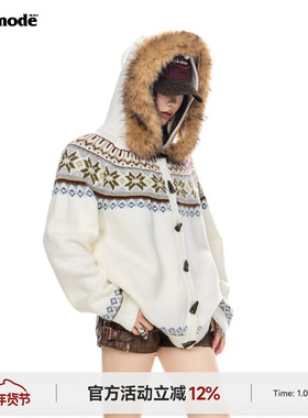 ICH MODE 美式复古费尔岛毛领连帽针织开衫女春秋季慵懒毛衣外套