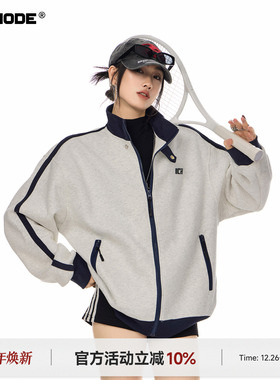 ICH MODE 美式复古撞色立领外套女春季新款运动夹克开衫卫衣上衣