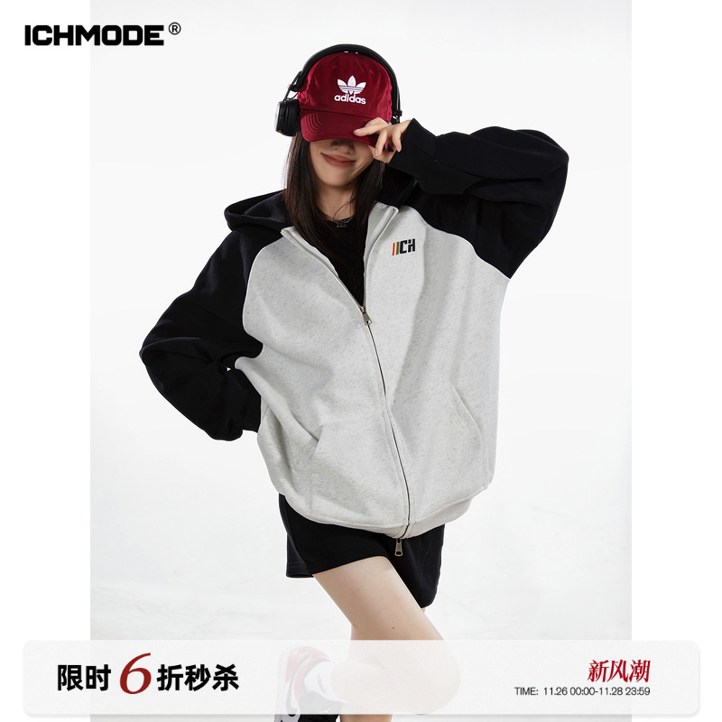 ICH MODE美式复古插肩袖连帽卫衣开衫女秋冬宽松外套上衣oversize