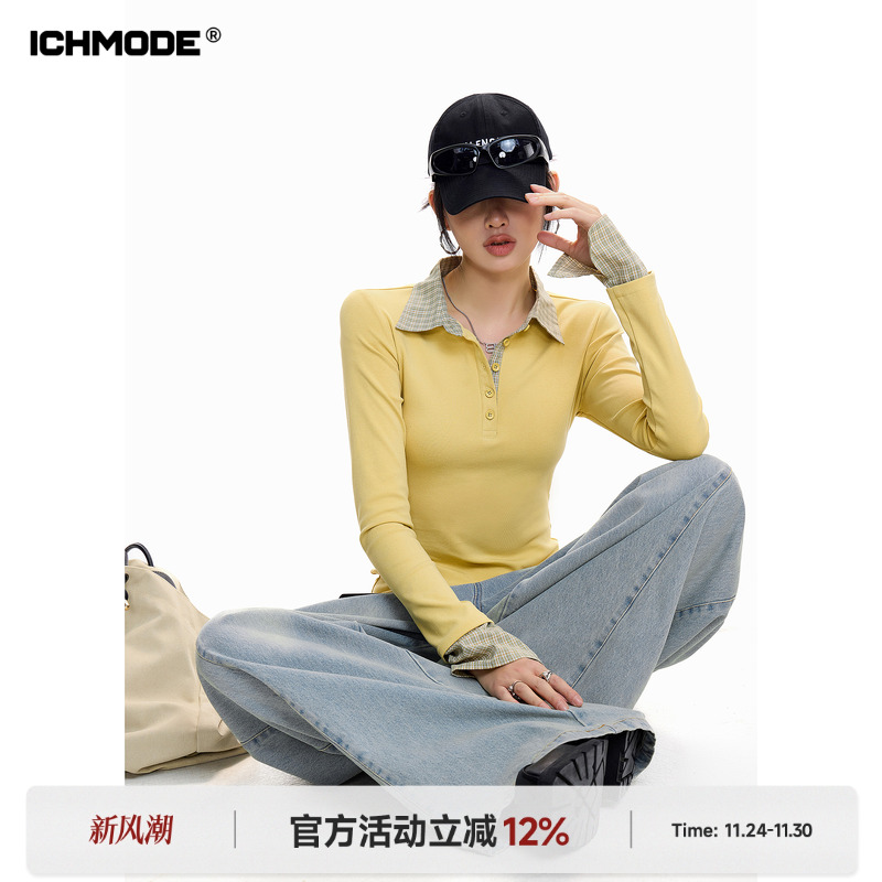 美式假两件长袖T恤女POLO上衣