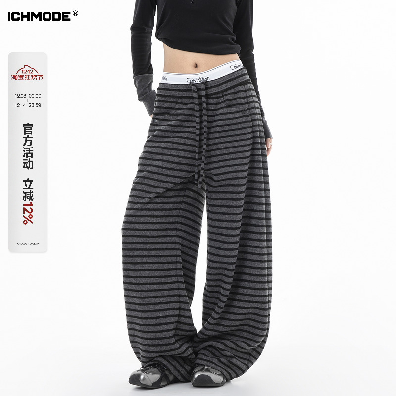 美式条纹宽松休闲裤女阔腿裤