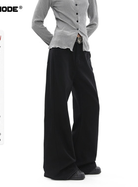 ICHMODE 美式微喇休闲裤女慵懒风直筒修身阔腿裤加厚加绒黑色裤子