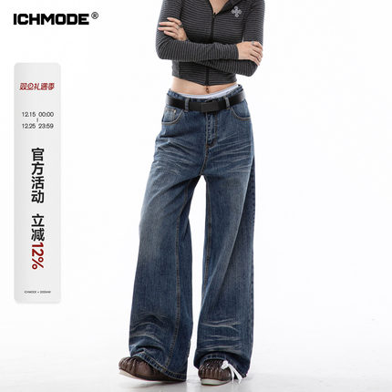 ICH MODE 美式复古水洗蓝牛仔裤女春季宽松直筒裤百搭休闲阔腿裤