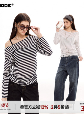 ICH MODE【1/4 官方叠加2件5折起】美式条纹天丝一字肩长袖T恤女
