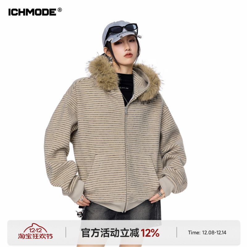 ICH MODE 明星同款条纹毛领连帽卫衣外套女秋冬休闲宽松开衫上衣