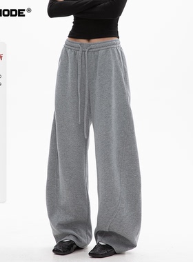 ICH MODE 美式加绒卫裤运动裤女春季新款宽松阔腿休闲裤弯刀裤子