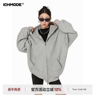 MODE 宽松连帽拉链开衫 美式 新款 上衣 重磅灰色卫衣外套女春季 ICH