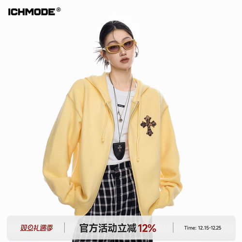 ICHMODE 美式连帽宽松针织开衫女冬季休闲百搭慵懒双拉链毛衣外套