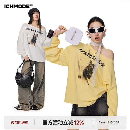 美式复古斜肩长袖T恤女休闲上衣