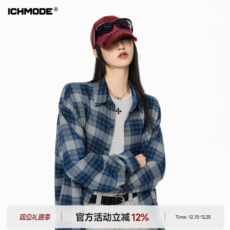 ICH MODE 美式蓝色格子衬衫女春季新款宽松休闲长袖衬衣外套上衣