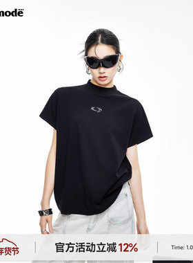 ICH MODE 美式花卉刺绣正肩短袖T恤女夏季新款修身半高领半袖上衣