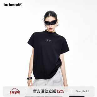 ICH MODE 美式花卉刺绣正肩短袖T恤女夏季新款修身半高领半袖上衣