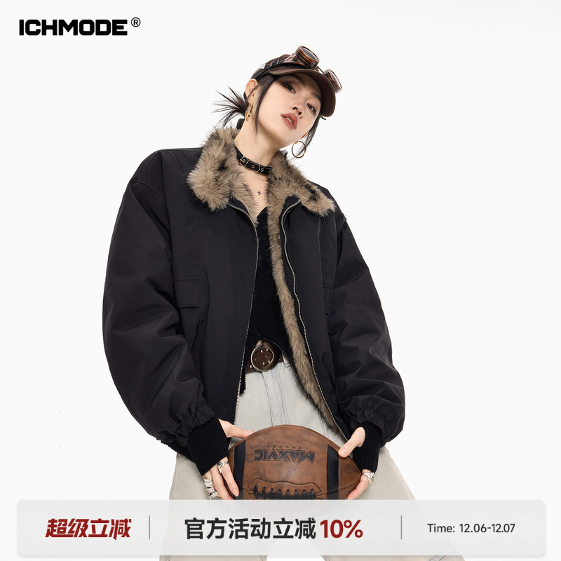 ICHMODE 美式复古座山雕毛领棉服女冬季新款加厚立领夹棉棉衣外套