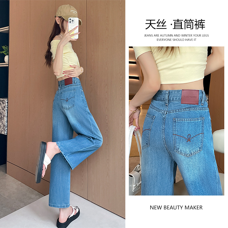 天丝直筒牛仔裤女夏季薄款2025新款高腰垂感九分小个子窄版烟管