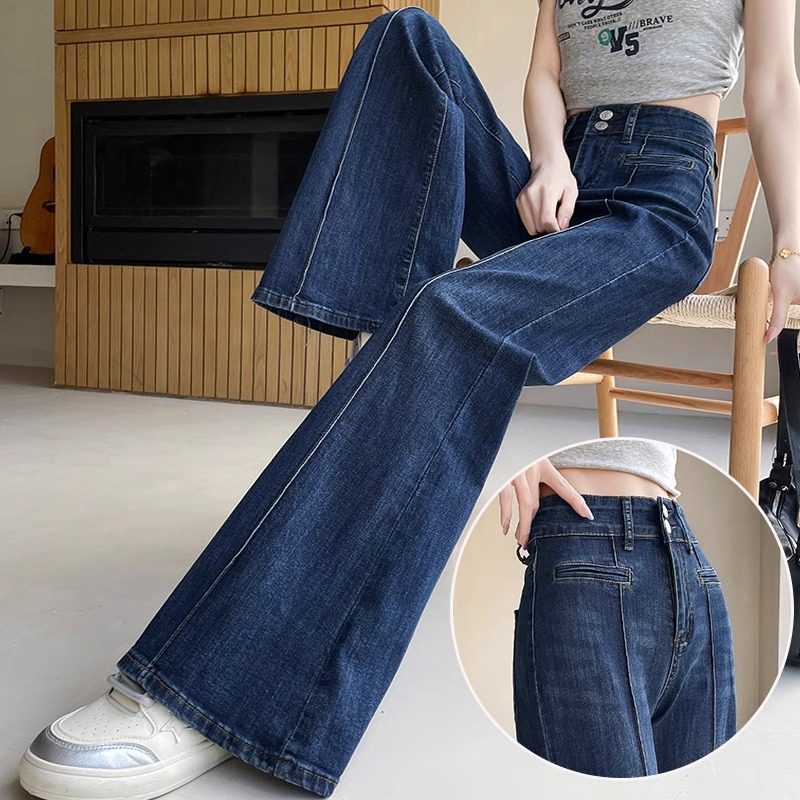 蓝色阔腿微喇叭牛仔裤女2025夏季薄软裤子宽松梨形身材不贴腿长裤