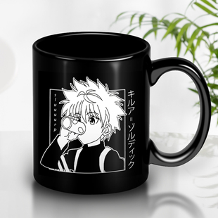 日本动漫全职猎人马克杯 小杰与奇犽陶瓷水杯 创意咖啡杯全黑色杯