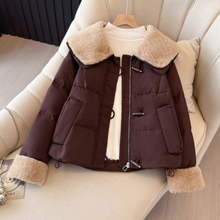 咖色羽绒服女短款2025年冬季新款小个子高级感大翻领鸭绒保暖外套