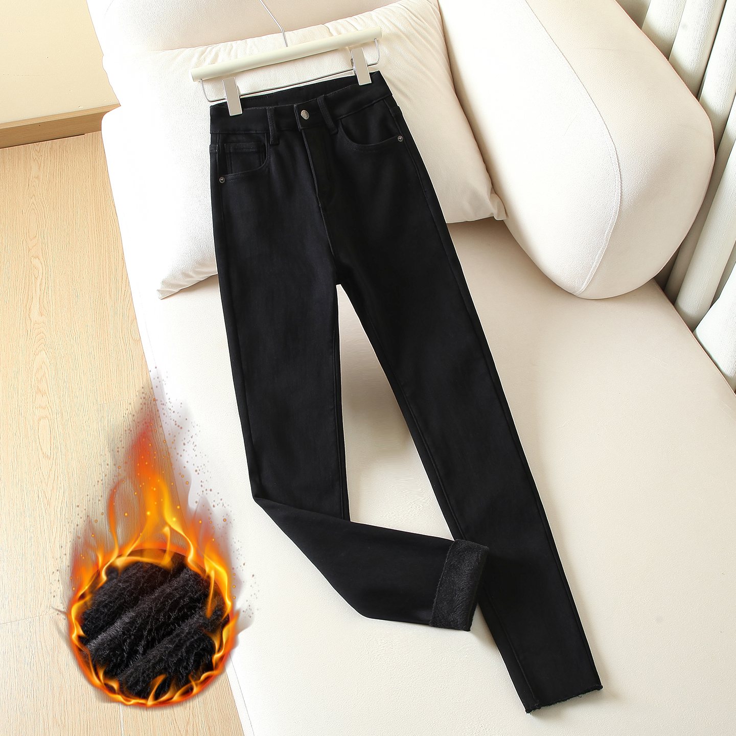 黑色加绒毛边小脚牛仔裤女2025