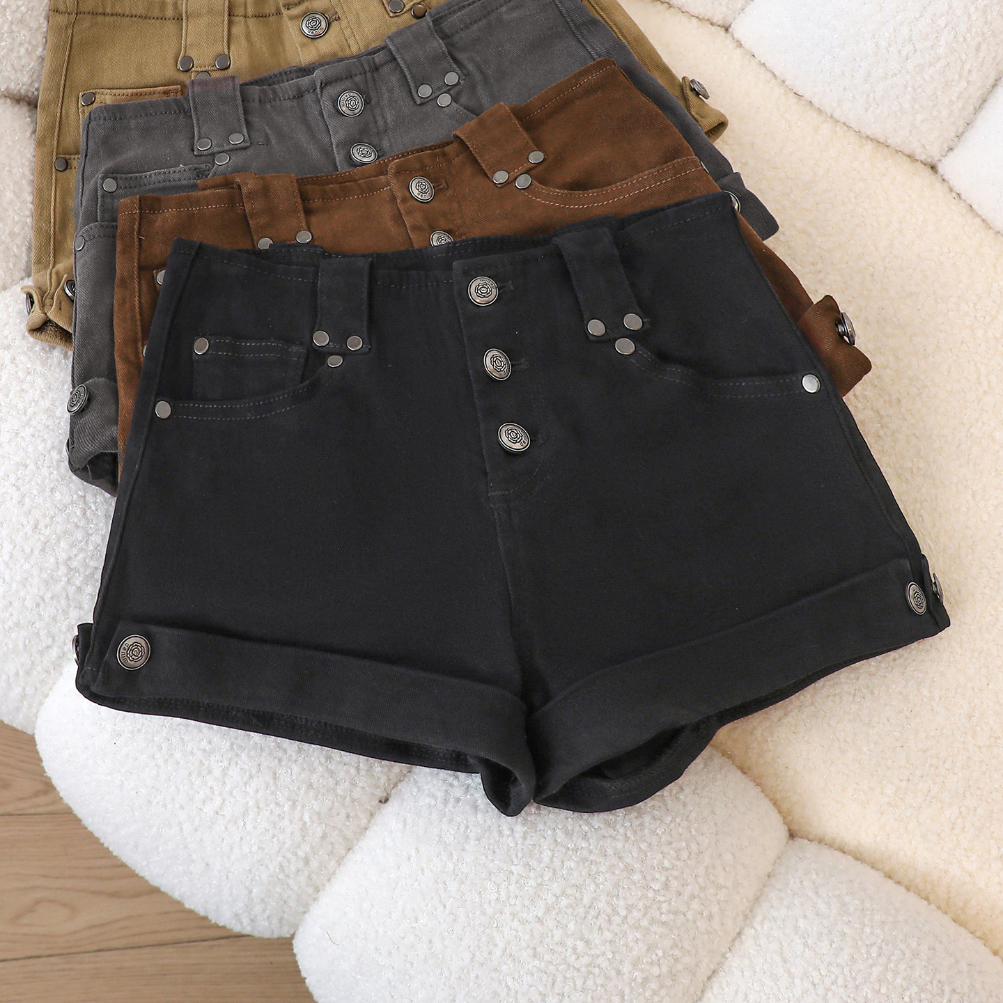 黑色高腰直筒牛仔裤女2026夏季新款微弹耐磨拉链款卷边百搭款短裤