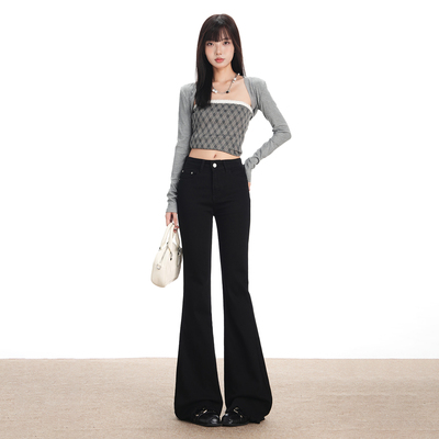 黑色紧身毛边微喇叭牛仔裤女2025