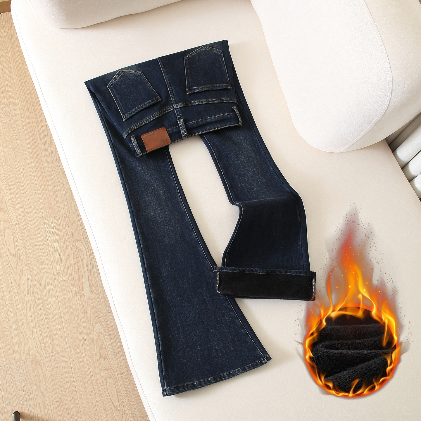 深蓝色加绒微喇牛仔裤女2025秋冬