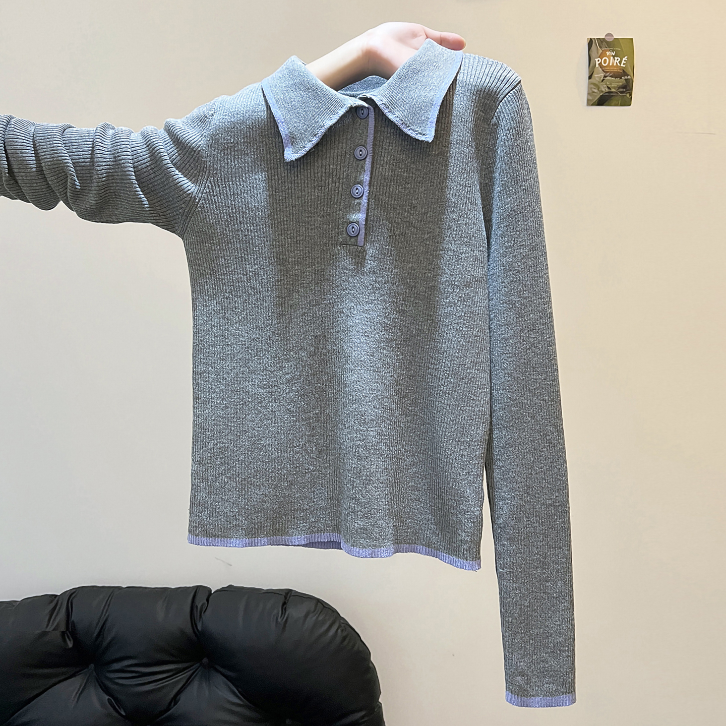 韩系灰色Polo领长袖针织毛衣女