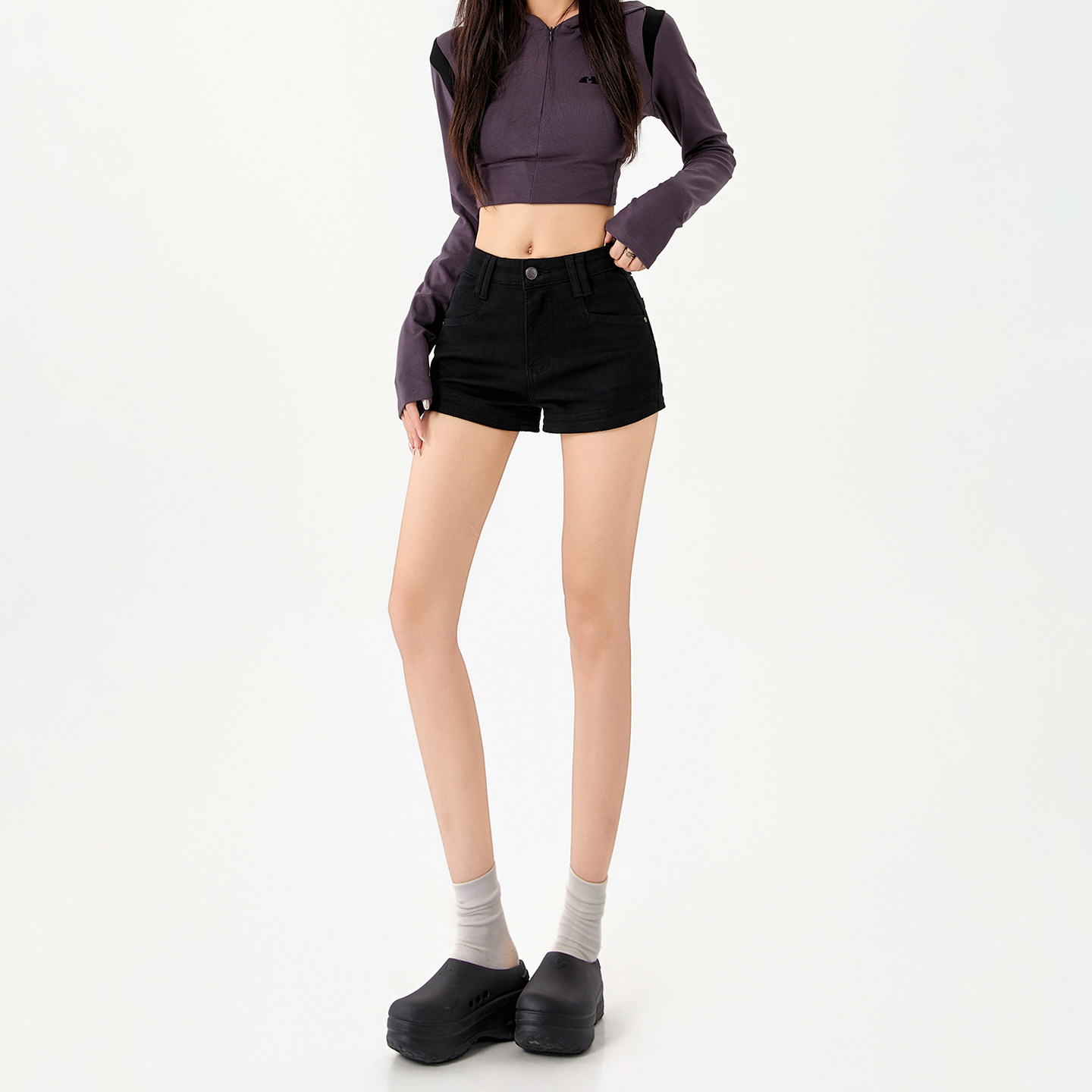 黑色高腰直筒牛仔裤女2026夏季新款微弹显瘦百搭口袋修身拉链短裤