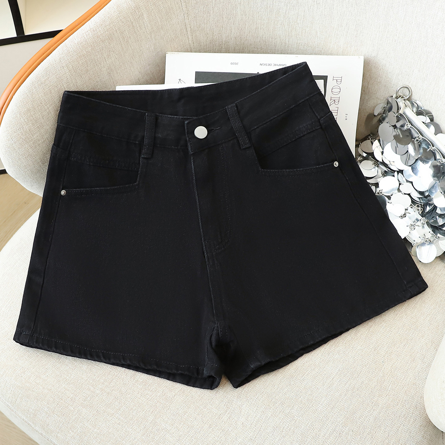 黑色高腰直筒牛仔裤女2026夏季新款微弹拉链耐磨休闲宽松时尚短裤