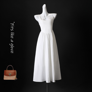 白色高腰连衣裙女2026春秋新款长裤无袖收腰修身显瘦纯白风气质裙