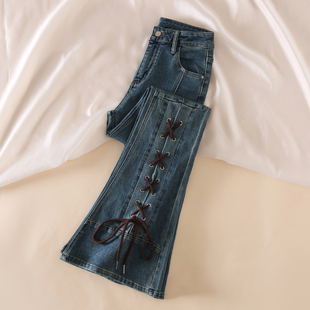 怀旧蓝高腰系带微喇叭牛仔裤女修身显瘦设计感小个子复古马蹄长裤