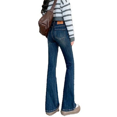 蓝色高腰微喇牛仔裤女