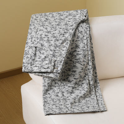 米白色碎花阔腿牛仔裤女2025秋冬