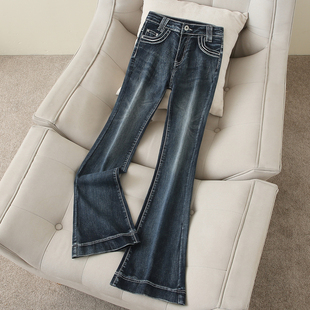 复古蓝色微喇叭牛仔裤女辣妹高腰马蹄裤子大码显瘦拖地长裤休闲裤